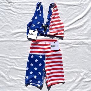 Beach Riot Stars Stripes Swimsuit Set Bike Shorts Bikini Womens XS Small Red